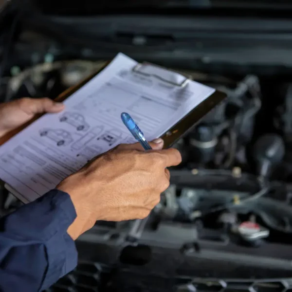 A mechanic writing on a car inspection report, with a car engine in the background.